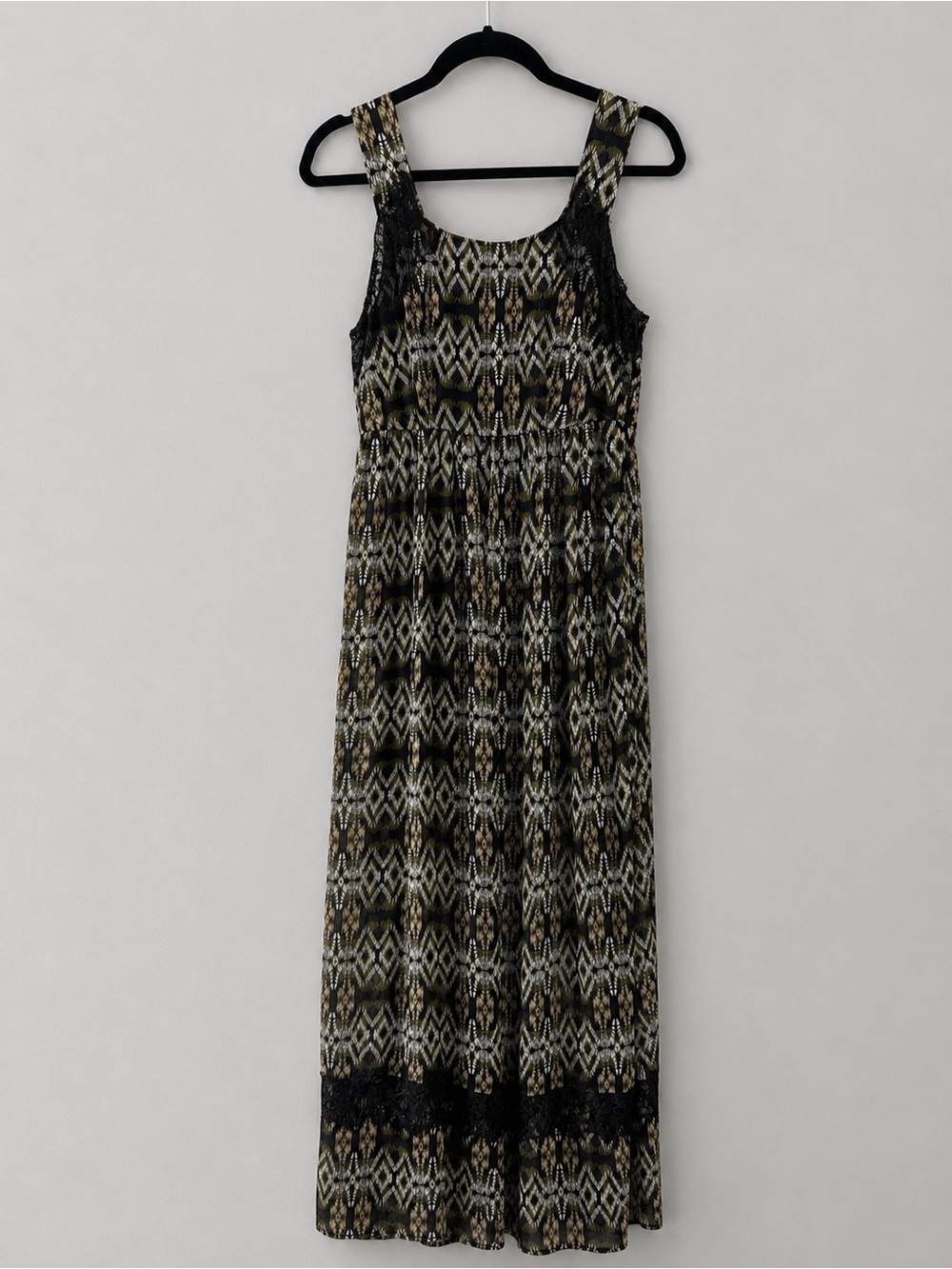 Mimi Chica Black & Olive Ikat Lace-Trim Maxi Dress